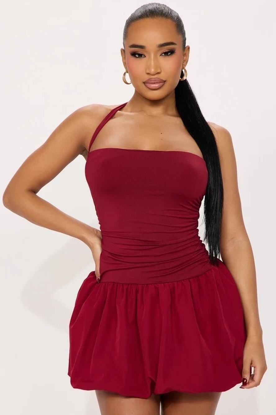 Fashion Nova Kay Halter Bubble Mini Dress New Size Medium Wine Red Burgundy